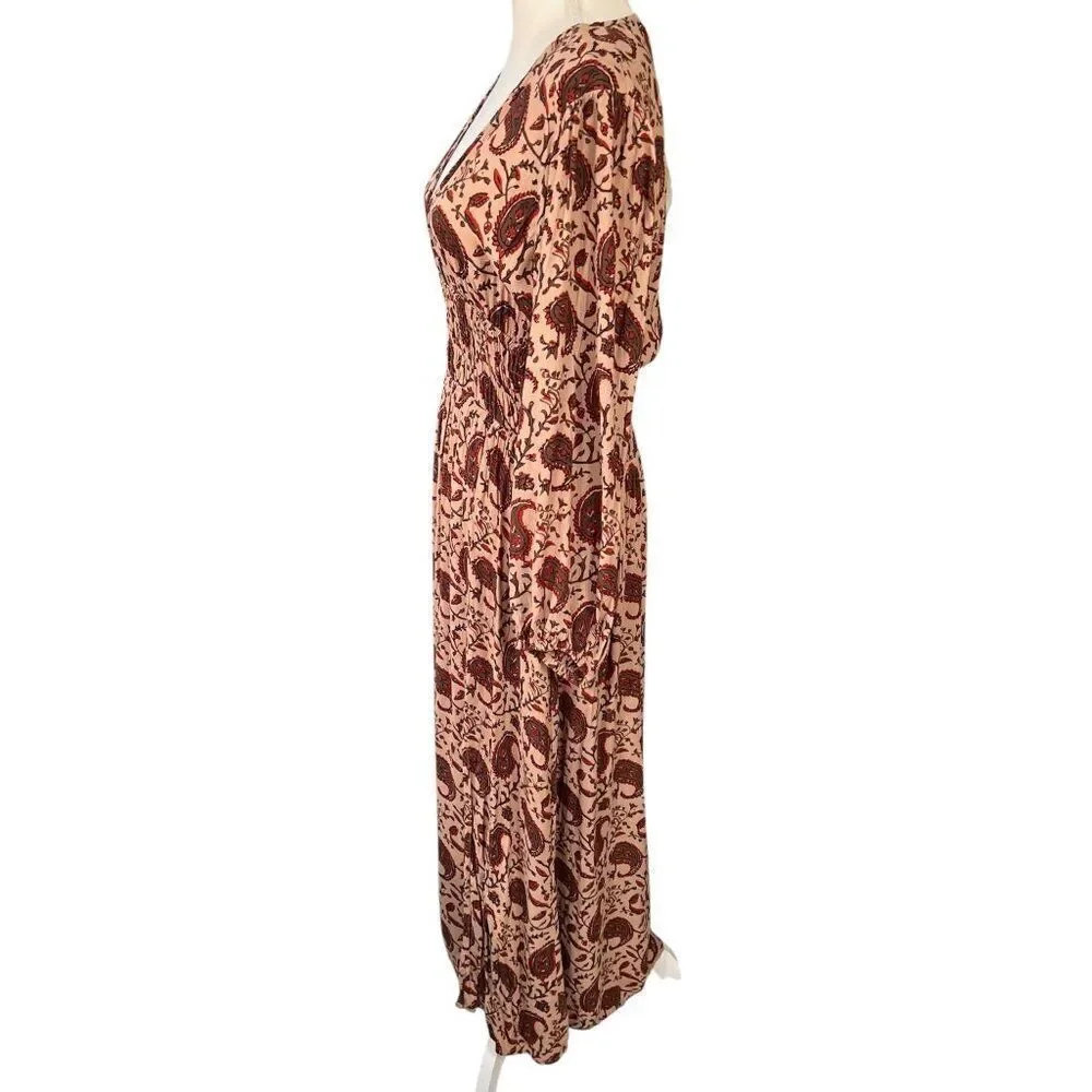 Anthropologie Lusana Paisley Printed Long Sleeve Slit Front Maxi Dress Size Med